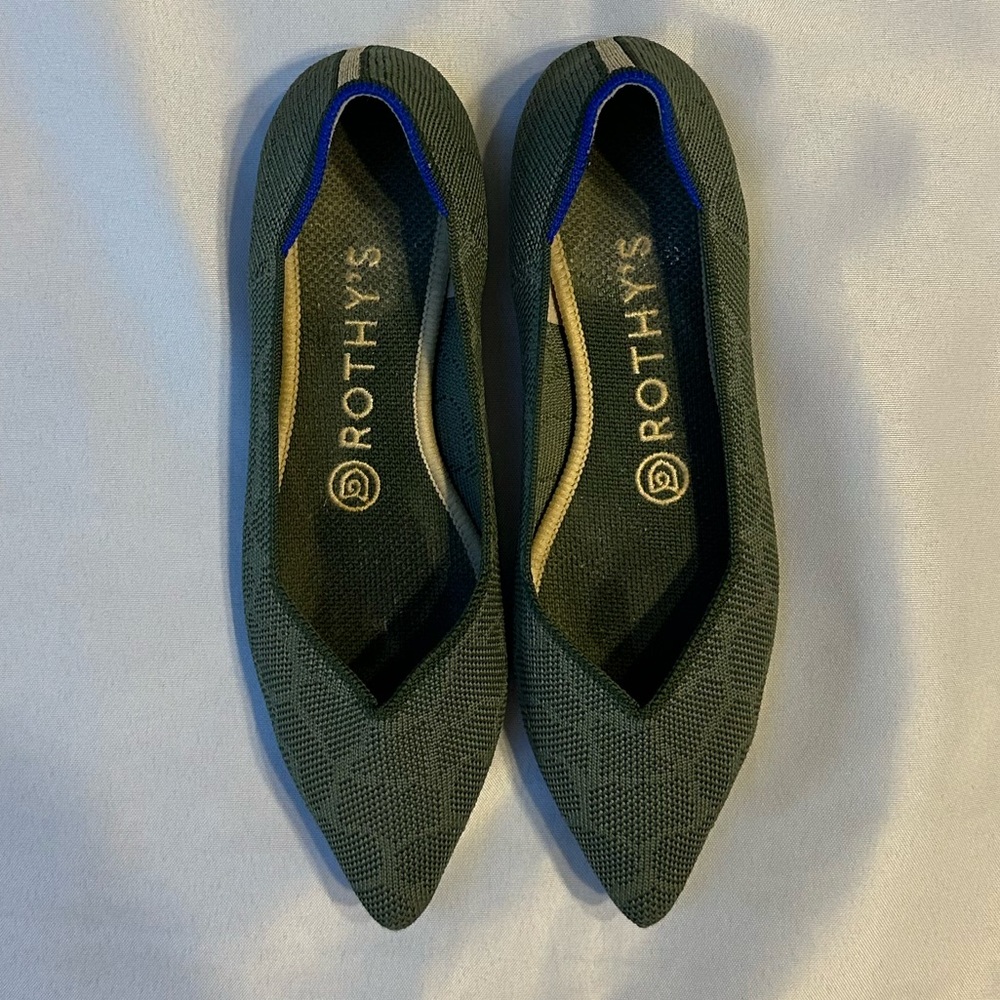 Rothy's Olive Green Pointed Toe Flats with Blue Trim
